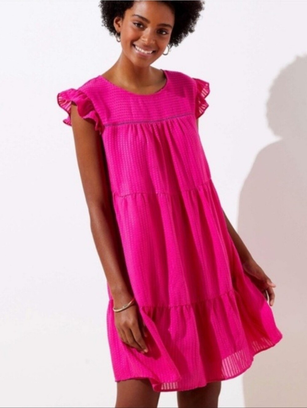 💖 LOFT Hot Pink Tiered Ruffle-Sleeve Dress - Fully Lined 💖